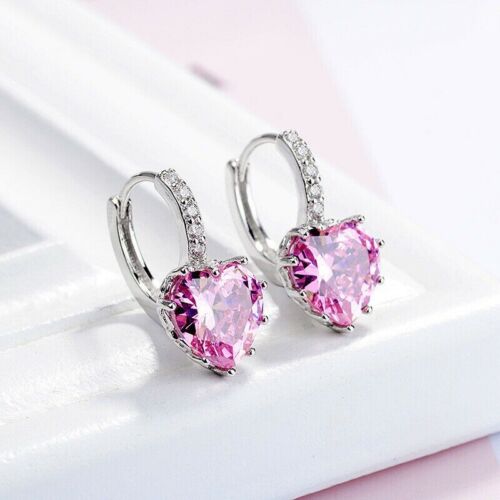 Pretty New Silver 10mm Pink Ice Heart CZ w/ Crystal Accents Hoop Dangle Earrings - Picture 2 of 4