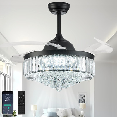 42'' Retractable Crystal Fandelier Ceiling Fan with Light & 6 Speeds - Black