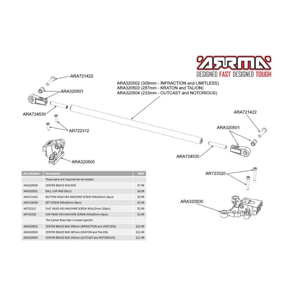 ARRMA ARA320503 Barre Centrale En Aluminium Anodisé Rouge – 287 Mm Pour KRATON Et TALION – Accessoire RC Durable Et Léger
