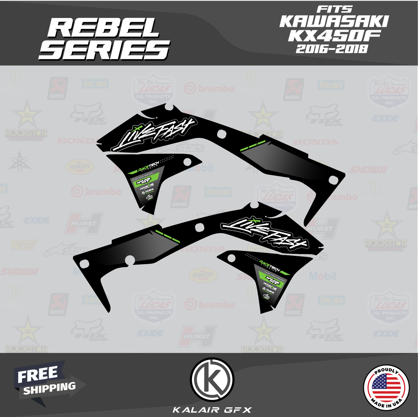 Graphics Kit for Kawasaki KX450F (2016-2018) KX 450F Rebel - GREEN