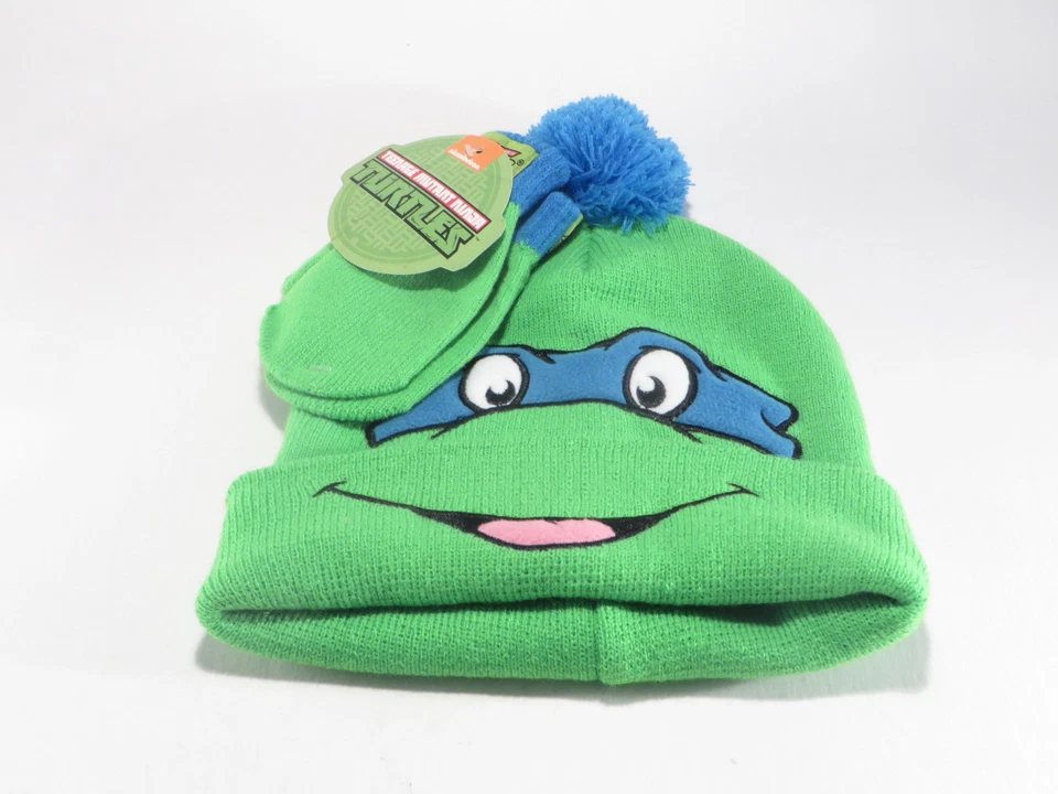 Nickelodeon 忍者神龟 TMNT 儿童帽子 带 Pom 帽和连指手套 全新 — 第 4/4 张图片