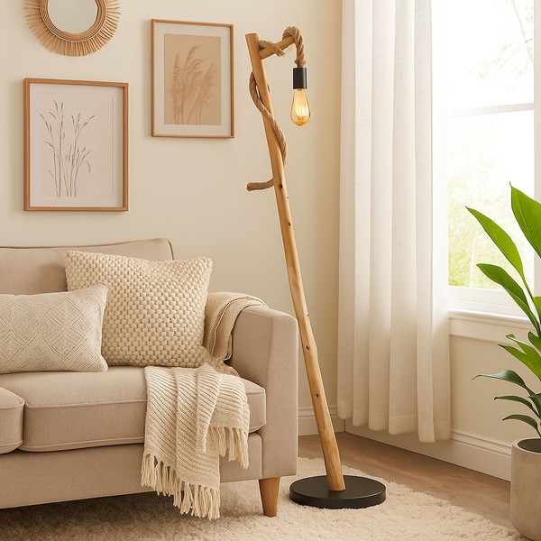 Standleuchte Stehlampe Holz Wohnzimmerlampe Landhausstil Hanfseil Braun H 150 Cm-image