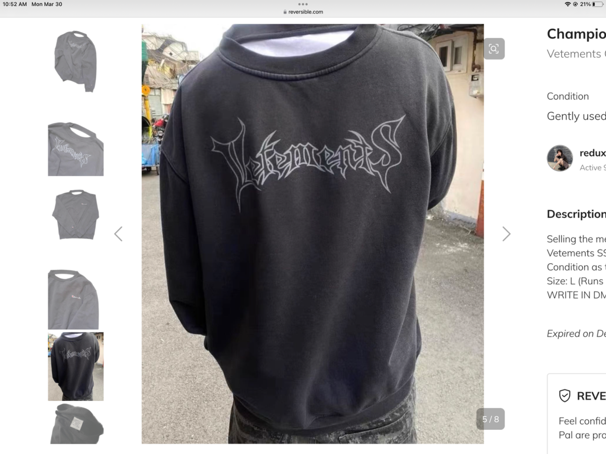 vetements リバーシブルスウェット VETEMENTS Metal REVERSIBLE champion black crewneck small large XL