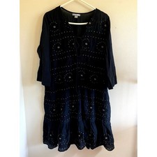 Shade Amour Black Embroidered Floral Vneck Tie Front Cotton Dress Boho Large