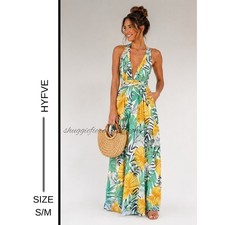 ✨MSRP $78 HYFVE Tropical Palm Print Halter Maxi Resort Vacation Dress Size S-M)✨