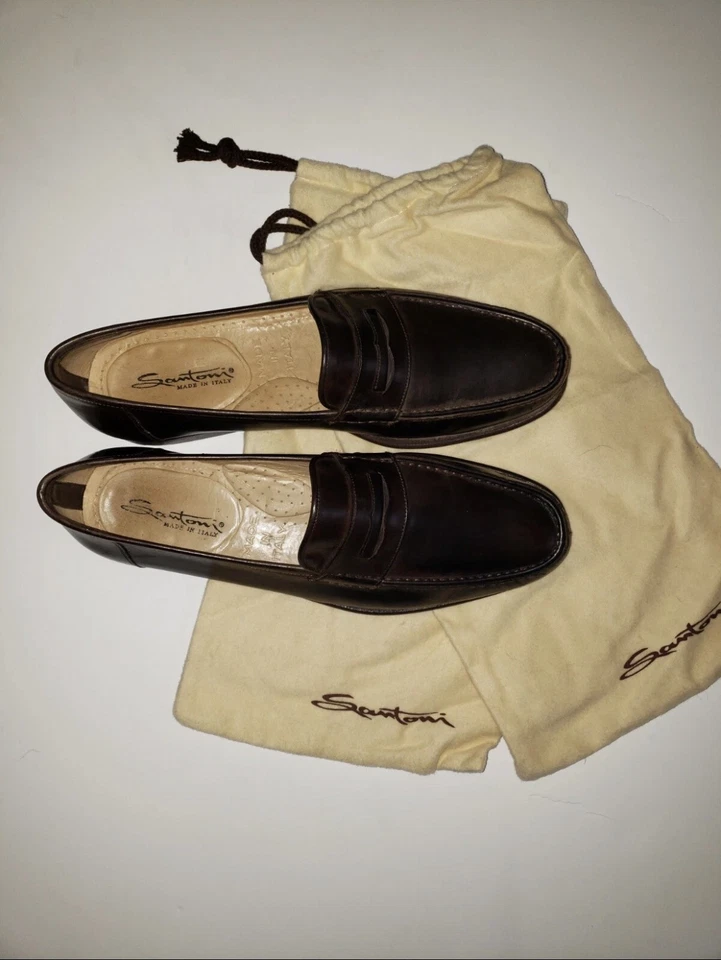 Santoni Leather Slip On Cushioned Brown Penny Loafer Dress Shoes Size 8.5 D - Image 4 of 4