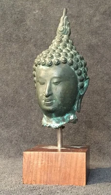 Tête ancienne de Bouddha plomb étain thaïlandais - Photo 1/4