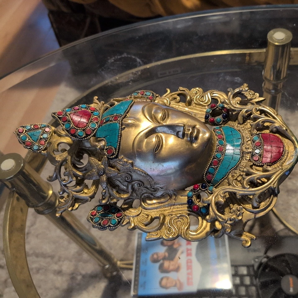 Бронзовый контур в золотой мозаике драгоценный камень бирюза белый Тара Будда голова маска - Изображение 3 из 4