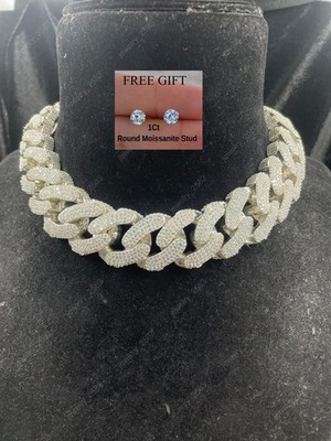 Add To Cart ! Mens Real Moissanite Bridal Wear Cuban Tennis Necklace 925 SS