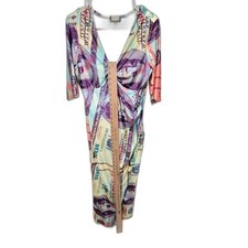 Highlight Custom Money Print Midi Dress V-Neck Long Sleeve  Size 2X