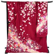 Vintage Japanese Furisode Kimono Cherry Blossom Sakura Floral Red Silk Japan