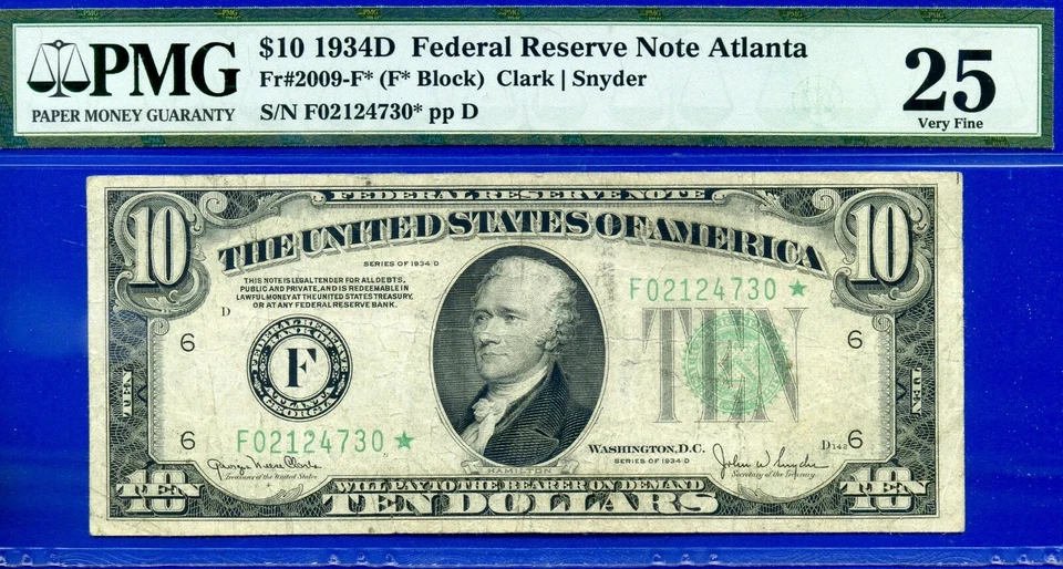 1934D $10 Federal Reserve Note PMG 25 - Rare 7 Known Atlanta Star - Fr 2009-F - Image 3 of 4
