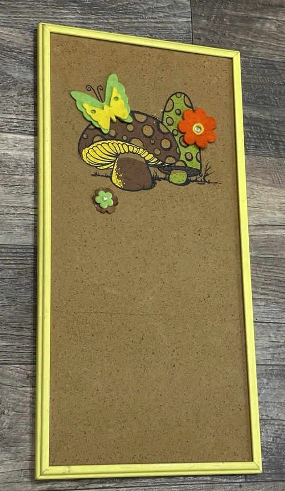 Vtg 1970’s MCM Mushroom Cork Bulletin Board Yellow Wood Frame Felt Flowers 24x12 - Image 3 of 4