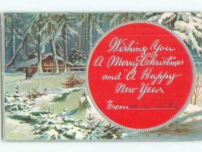 Pre-Linen christmas MAN WALKING OUTSIDE SNOW-COVERED HOUSE IN FOREST J1818