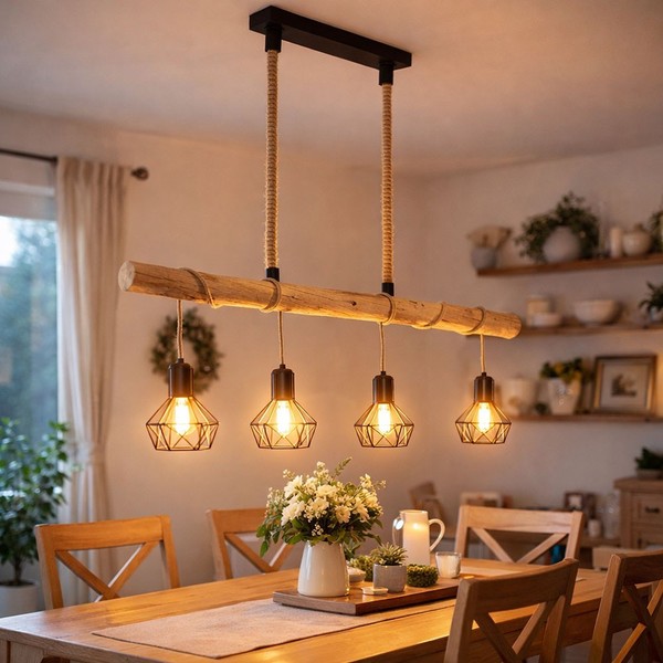 Pendellampe HäNgeleuchte Pendelleuchte Holz 4 Flammig Led Esszimmerlampe H 120Cm-image