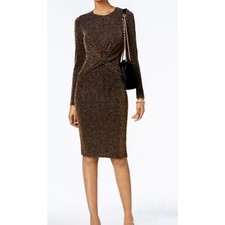 Michael Kors Gold Metallic Twist Front Bodycon Dress Long Sleeve Women's 3X