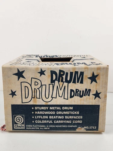 Vintage CHEIN Tin Marching Drum Toy  #1712 Metal W Hardwood Drumsticks New USA