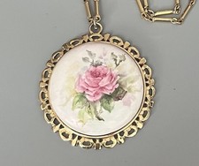 Vintage Victorian Hand Painted Round Rose Cameo Porcelain Pendant Necklace 2