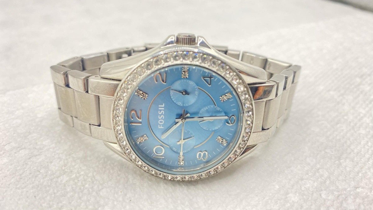 Fossil Women 38mm Watch Blue Dial Rhinestone Silver Tone Day 