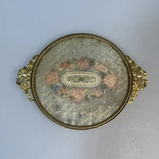 Antique Brass Vanity Dresser Tray French Lace Under Glass Round Ornate Gilded