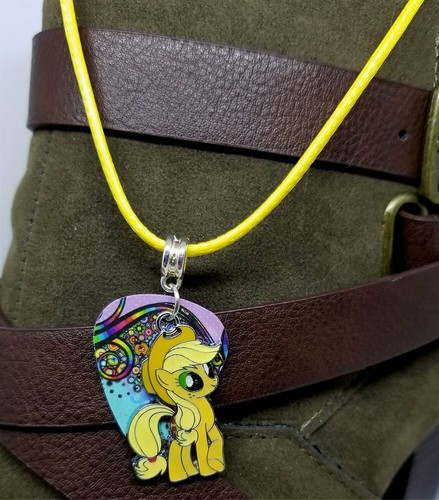 Yellow My Little Pony on a Retro Dots Guitar Pick on a Yellow Cord Necklace - Picture 2 of 2