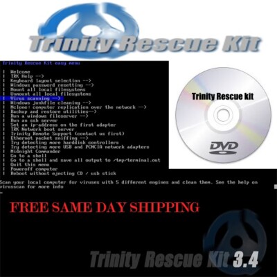 Trinity Rescue Kit Boot CD 3.4 Windows Password Reset, 5 Virus Scanners, USA !!!