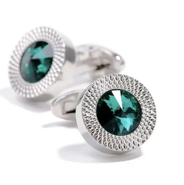 Par de gemelos de plata redondos de piedra verde boda para hombre eslabones de cristal del Reino Unido Foto 4 de 4