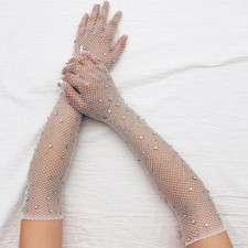 Lady Sparkly Rhinestone Fishnet Gloves Stretch Mesh Long Gloves Arm Sleeve Cover