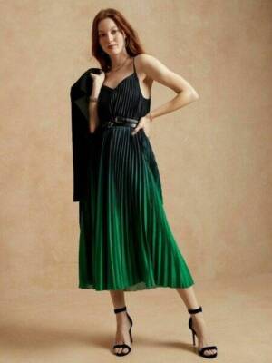 BANANA REPUBLIC FACTORY Satin Pleated Midi Dress Green/Navy Ombre XSMALL  #779685 | eBay