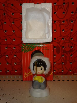 1986 Jolly Jingles Handpainted Porcelain Bisque Bell Ornament Eskimo Ice Fishing