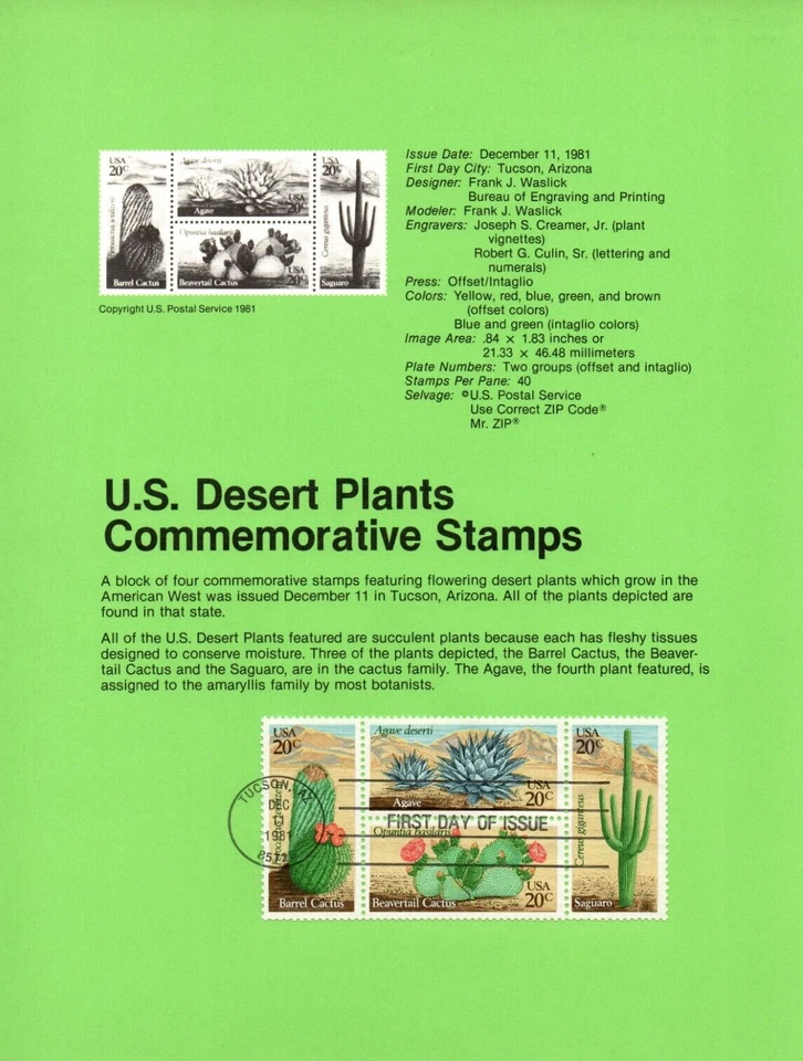 USPS First Day Cover FDC Souvenir Sheet US Desert Plants Block Of 4 Scott #1945A - Image 2 of 2