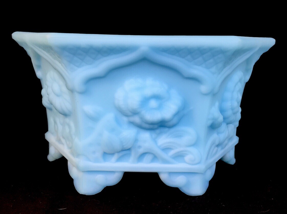 Fenton Art Glass Blue Satin Hexagon Planter Bowl With Raised