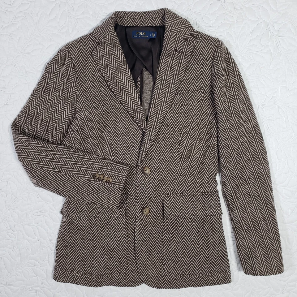Blazer Polo Ralph Lauren espiga para mujer 4 marrón tostado algodón lana dos botones Foto 4 de 4