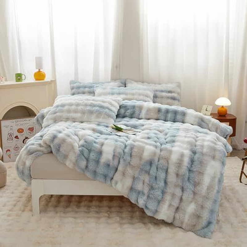 Kids Girls Rabbit Plush Comforter Sets 3PC Faux Fur Bed Set King Blue