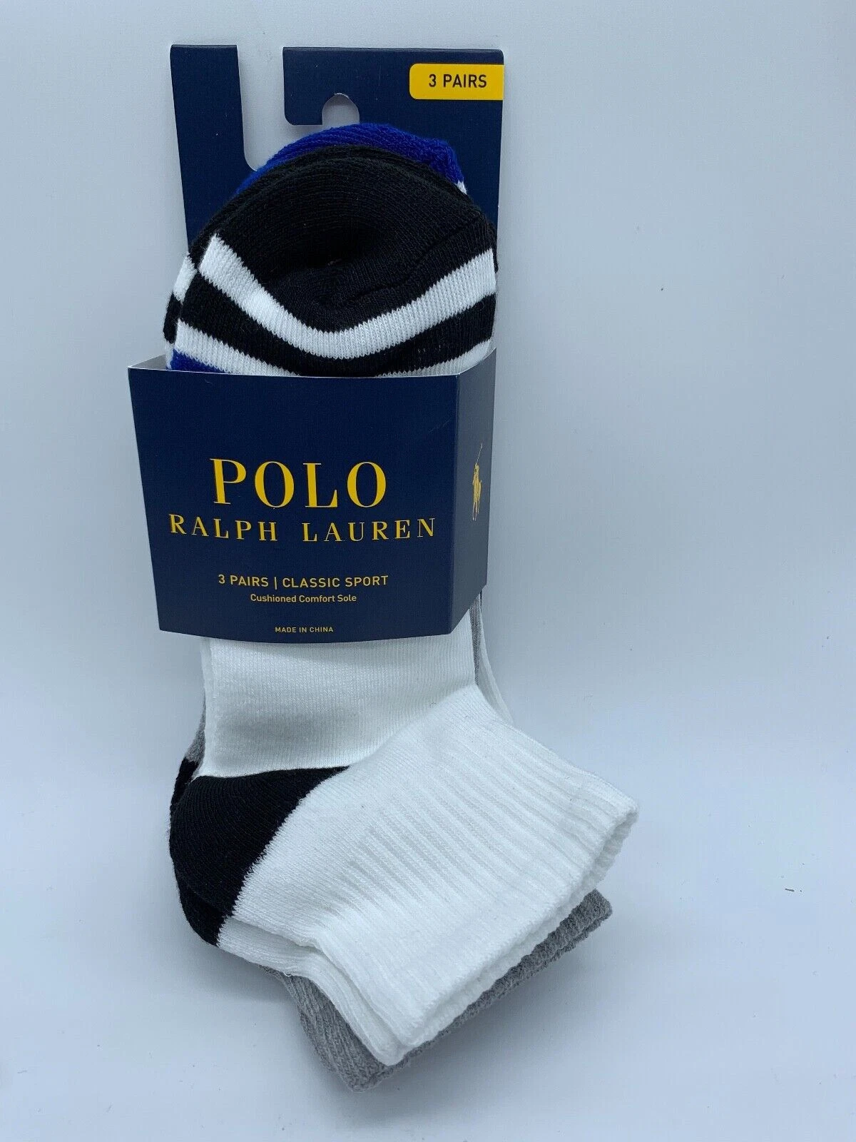 Polo Ralph Lauren Men Classic Cotton Sport 3-Pack Socks, White/Gray/Blue , 10-13