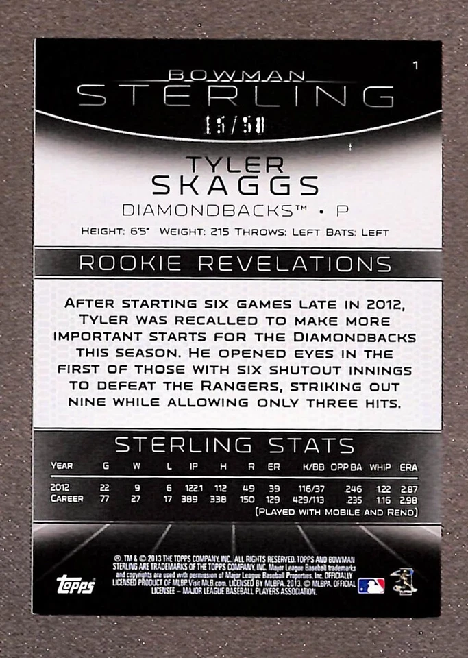 2013 Bowman Sterling Gold Refractor #1 Tyler Skaggs /50 - Image 2 of 3