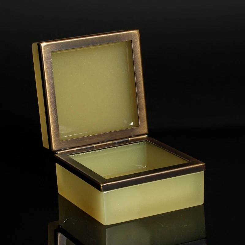 French Opaline Glass Jar Square Nude Gold Metal Brushed Vintage - Image 3 of 4