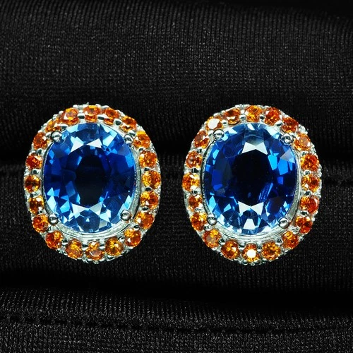 925 Sterling Silver White Gold Handmade Earrings Estate Blue Sapphire Oval 11Ct