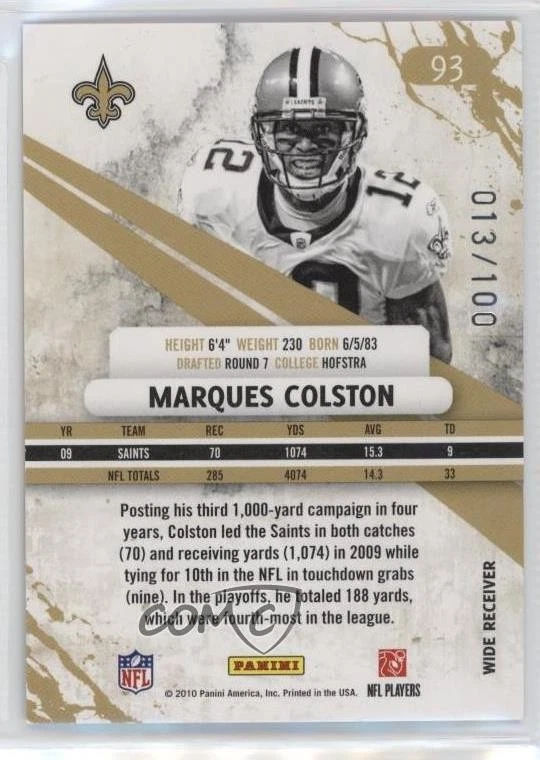 2010 Panini Rookies & Stars Longevity Ruby /100 Marques Colston #93 - Image 2 of 2