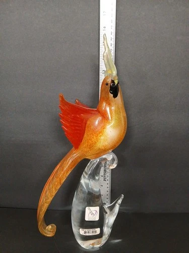 Vintage Murano Art Glass Bird Parrot Tall 15.25" Red And Gold Flecks Statue