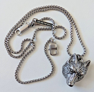 signed emporio armani stainless steel wolf pendant 20" Mens necklace