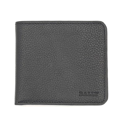 Bally Embossed Leather Mens Bi-Fold Wallet Black Top Grain Luxury