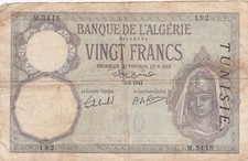 1941 Tunisia Overprint Algerian 20 Francs Banknote p-6b