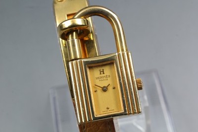 HERMES Kelly Brown Leather 20mm Qz Damen Vorhängeschloss Uhr Swiss Made...