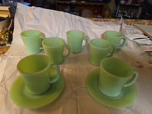 7 VINTAGE 1940's FIRE KING JADITE  D-HANDLED OVEN WARE MUGS PLUS 2 SAUCERS. GC.