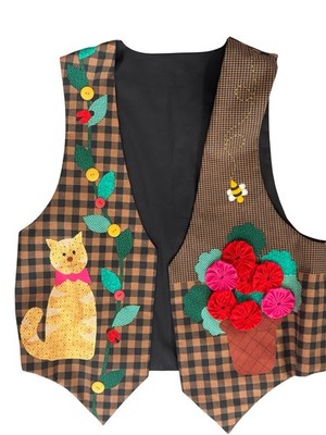 Funky Grandmacore Women s Vest Patchwork Cats 3D Flowers Med-XL Eccentric Teach