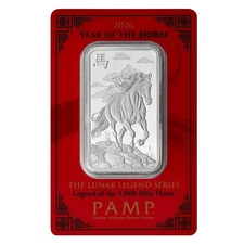2026 PAMP Lunar Legends 1000 Mile Horse 1 oz Silver Proof-Like Bar in Assay Card