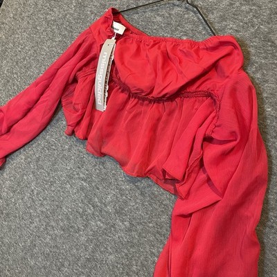 Missguided Women s Long Sleeve Crop Top Size Medium Red Flowy Party Top Blouse