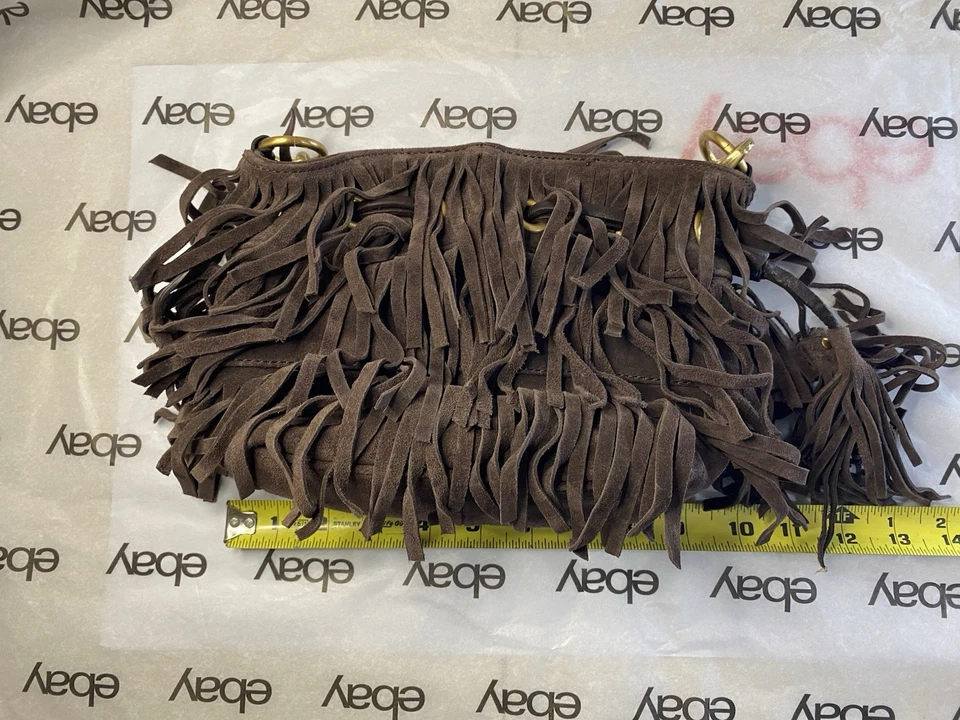 Adrienne Vittadini Brown Suede Fringe Crossbody Bag With Chain Strap - Image 3 of 4