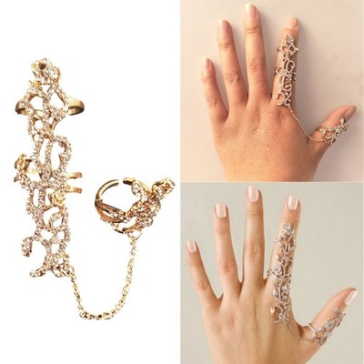 Elegant Two Finger Crystals Flower Rings Vintage Styles Adjustable Jewelry